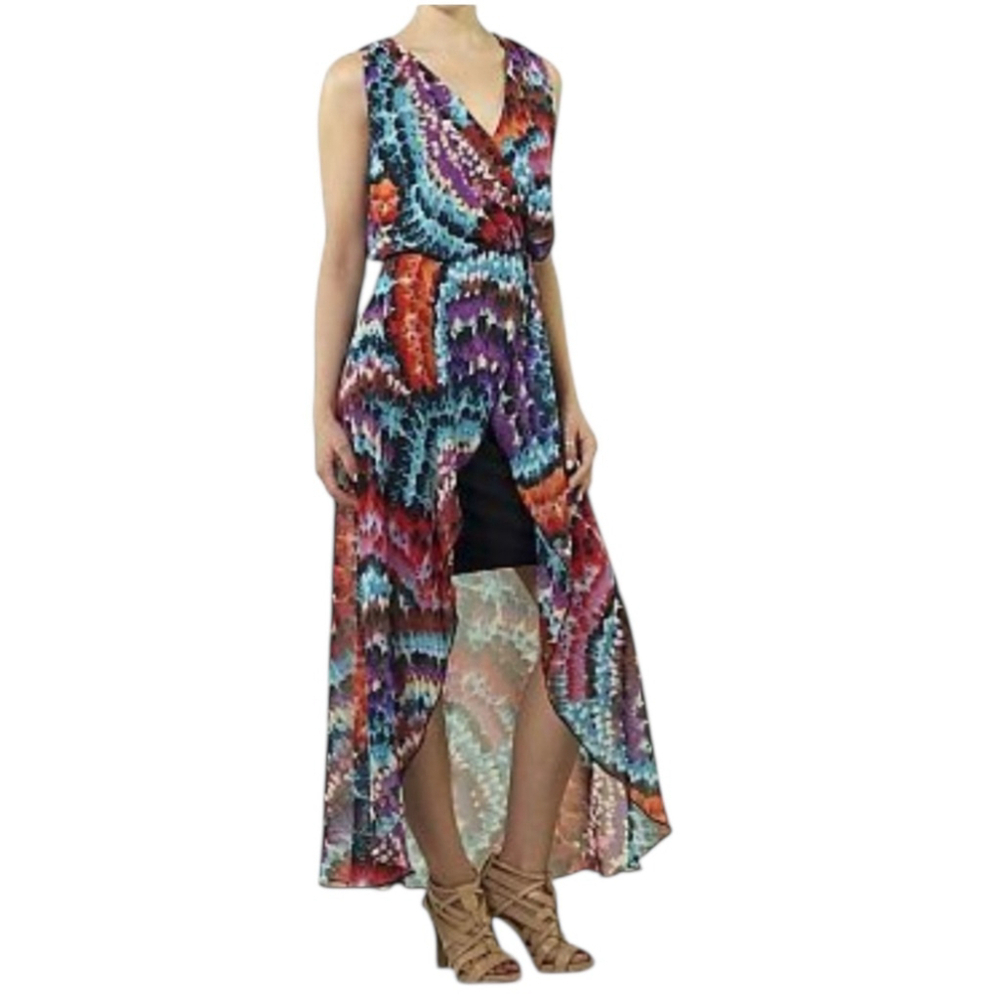 Joseph Ribkoff Vneck Feather Print Faux Wrap Chiffon Dress Size 10